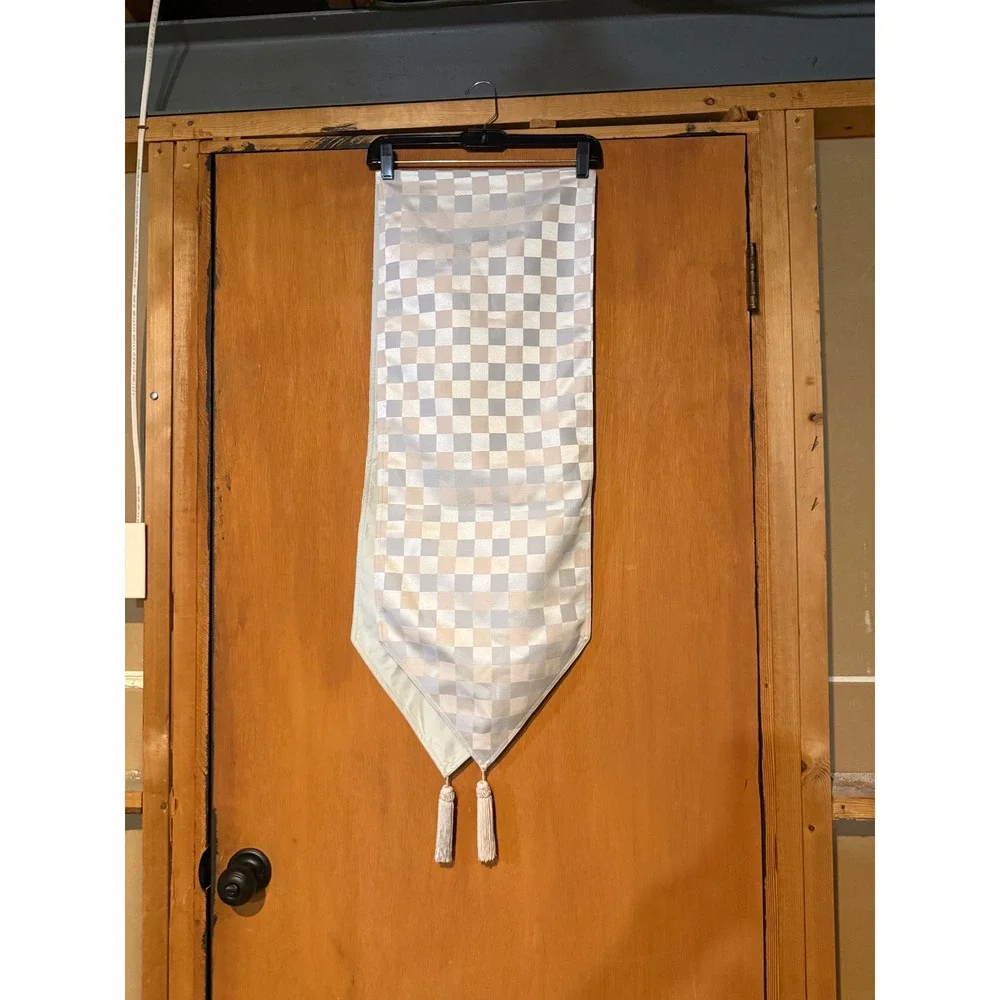 Silver Champagne Checkered Table RunnerTassels 13x60 Formal Dining Wedding Decor